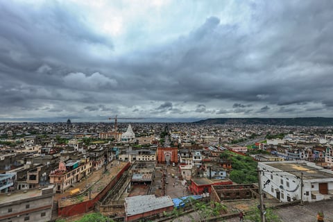 View of the city from Amagarh hills on a rainy day during monsoon season, in Jaipur, Monday, Aug. 5, 2024